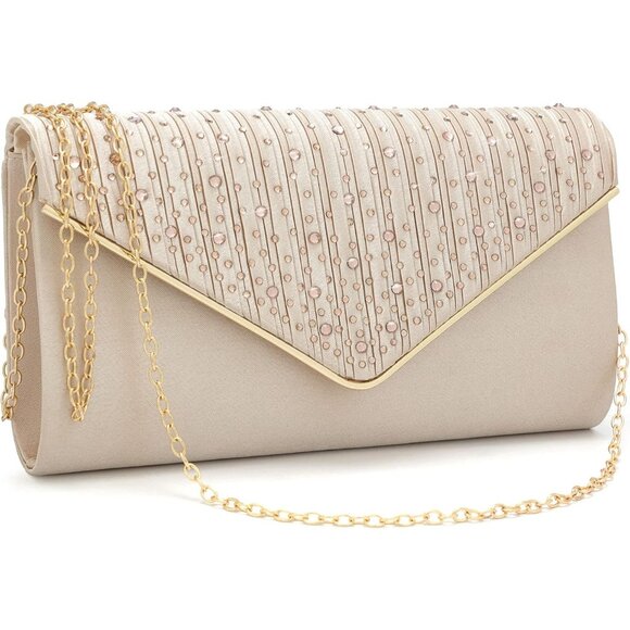 ⚡ Women's Evening Rhinestones Envelope Style Chain Strap Tan Clutch Handbag - Picture 1 of 6
